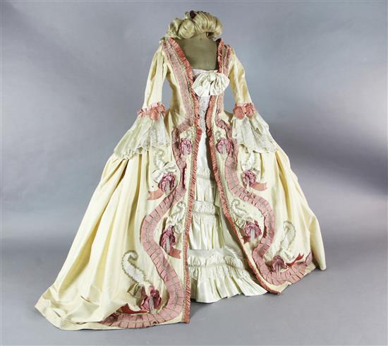 Countess Almavivas costume for The Marriage of Figaro. A cream silk dress, under skirt, looped petticoat and blonde